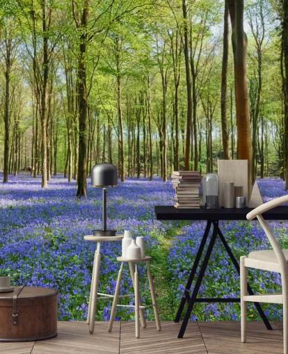 green and blue customisable woodland wallpaper mural called Bluebells in Wepham Woods for bedrooms