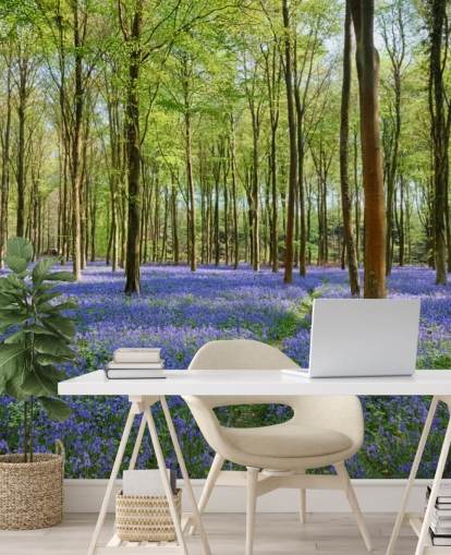 mural de papel pintado de bosque personalizable en verde y azul llamado Bluebells in Wepham Woods para dormitorios