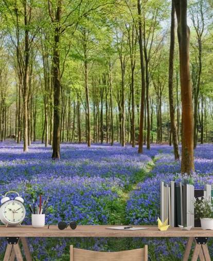 mural de papel pintado de bosque personalizable en verde y azul llamado Bluebells in Wepham Woods para dormitorios