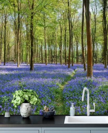 mural de papel pintado de bosque personalizable en verde y azul llamado Bluebells in Wepham Woods para dormitorios