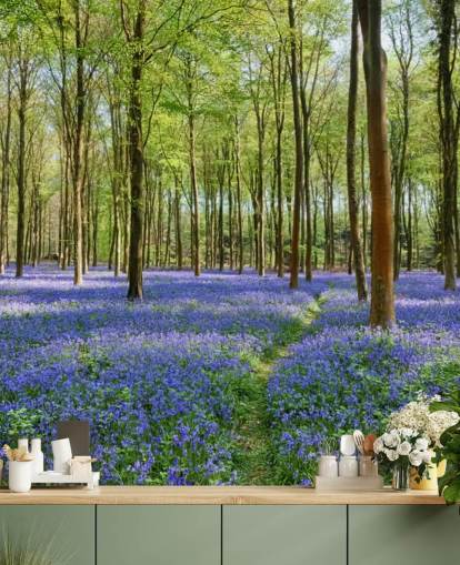 mural de papel pintado de bosque personalizable en verde y azul llamado Bluebells in Wepham Woods para dormitorios