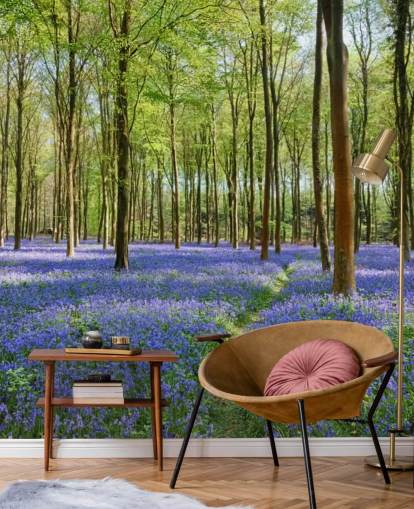 papier peint mural boisé personnalisable vert et bleu appelé Bluebells in Wepham Woods pour les chambres