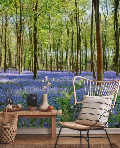 mural de papel de parede florestal personalizável verde e azul chamado Bluebells em Wepham Woods para quartos