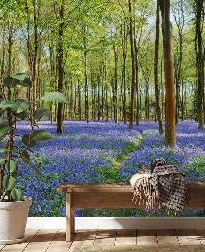 grønt og blått tilpassbart skogstapetveggmaleri kalt Bluebells i Wepham Woods for soverom