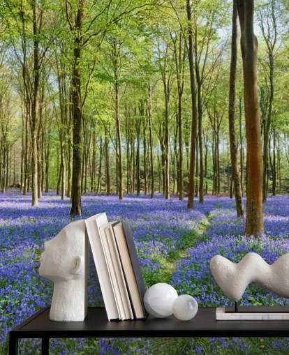 Grünes und blaues, anpassbares Wald-Tapeten-Wandbild mit dem Namen Bluebells in Wepham Woods für Schlafzimmer