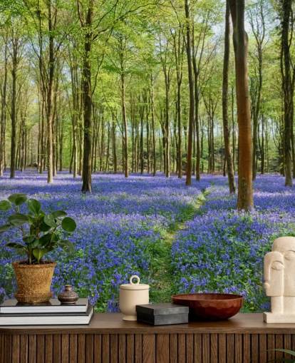 mural de papel de parede florestal personalizável verde e azul chamado Bluebells em Wepham Woods para quartos