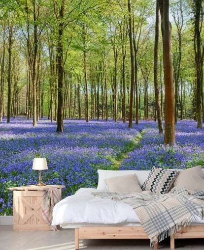 grønt og blått tilpassbart skogstapetveggmaleri kalt Bluebells i Wepham Woods for soverom