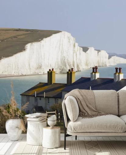 Decorazione murale con scogliere bianche di Dover e cottage bianco