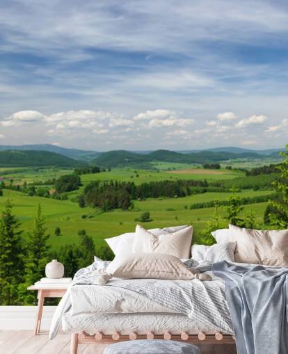 papel pintado de bosque personalizado azul y verde llamado Summer Vista para oficinas