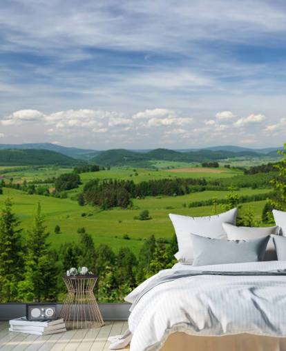 blue and green custom forest wallpaper called Summer Vista for offices