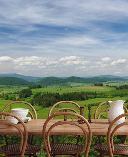 papier peint forestier personnalisé bleu et vert appelé Summer Vista pour les bureaux