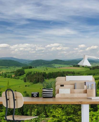 papier peint forestier personnalisé bleu et vert appelé Summer Vista pour les bureaux