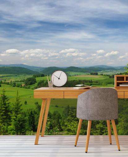 carta da parati forestale personalizzata blu e verde chiamata Summer Vista per uffici