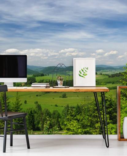 papier peint forestier personnalisé bleu et vert appelé Summer Vista pour les bureaux papier peint forestier personnalisé bleu et vert appelé Summer Vista pour les bureaux