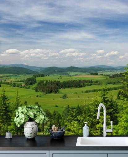 blue and green custom forest wallpaper called Summer Vista for offices