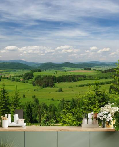 blue and green custom forest wallpaper called Summer Vista for offices