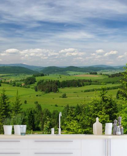 blaue und grüne benutzerdefinierte Waldtapete namens Summer Vista für Büros