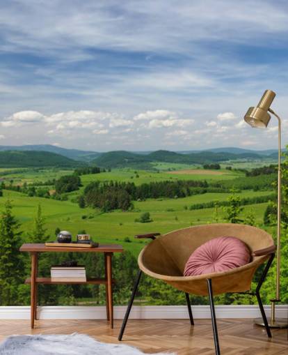papier peint forestier personnalisé bleu et vert appelé Summer Vista pour les bureaux papier peint forestier personnalisé bleu et vert appelé Summer Vista pour les bureaux