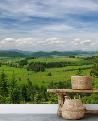 blue and green custom forest wallpaper called Summer Vista for offices