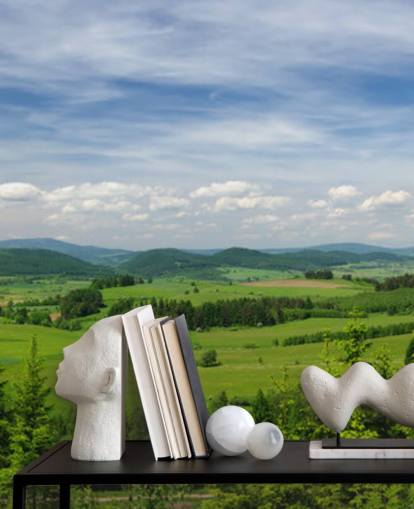 blue and green custom forest wallpaper called Summer Vista for offices