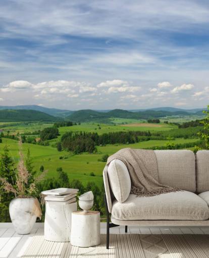 blaue und grüne benutzerdefinierte Waldtapete namens Summer Vista für Büros blaue und grüne benutzerdefinierte Waldtapete namens Summer Vista für Büros