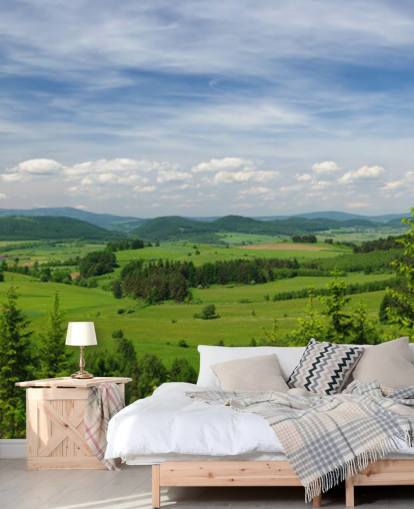 blue and green custom forest wallpaper called Summer Vista for offices