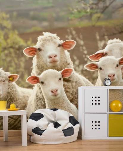 valkoinen ja vihreä lampaan taustakuvamaalaus nimeltä Sheep on Pasture kodeille ja yrityksille