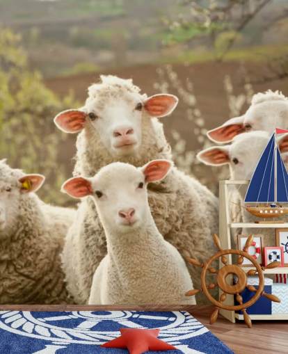 white and green sheep wallpaper mural called Sheep on Pasture for homes and businesses