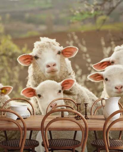 mural de papel de parede de ovelha branca e verde chamado Sheep on Pasture para residências e empresas