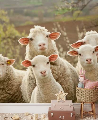 white and green sheep wallpaper mural called Sheep on Pasture for homes and businesses