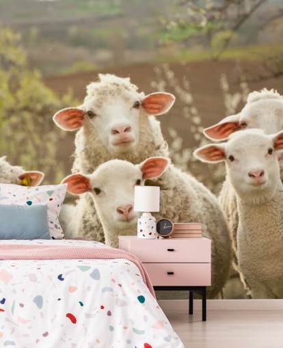 witte en groene schapenmuurschildering genaamd Sheep on Pasture voor woningen en bedrijven