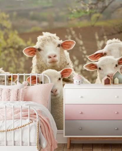 white and green sheep wallpaper mural called Sheep on Pasture for homes and businesses