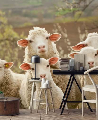 white and green sheep wallpaper mural called Sheep on Pasture for homes and businesses white and green sheep wallpaper mural called Sheep on Pasture for homes and businesses