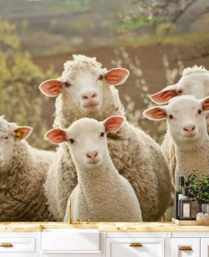 witte en groene schapenmuurschildering genaamd Sheep on Pasture voor woningen en bedrijven witte en groene schapenmuurschildering genaamd Sheep on Pasture voor woningen en bedrijven