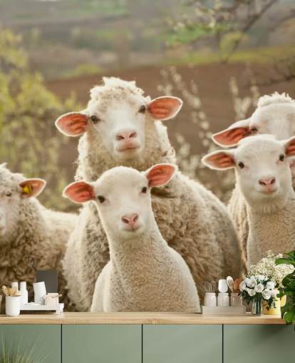 white and green sheep wallpaper mural called Sheep on Pasture for homes and businesses