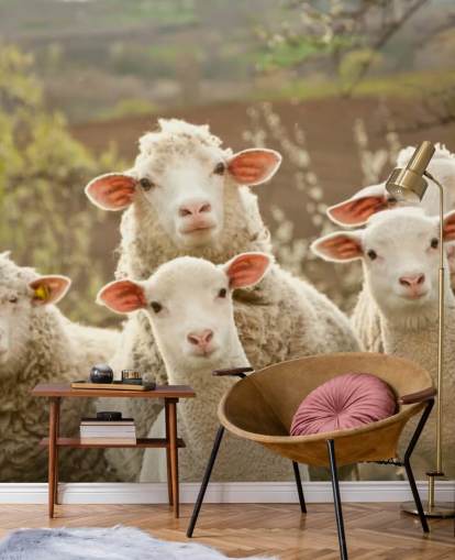 hvide og grønne får tapetmaleri kaldet Sheep on Pasture til hjem og virksomheder hvide og grønne får tapetmaleri kaldet Sheep on Pasture til hjem og virksomheder