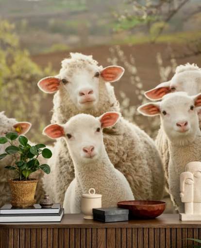 hvide og grønne får tapetmaleri kaldet Sheep on Pasture til hjem og virksomheder hvide og grønne får tapetmaleri kaldet Sheep on Pasture til hjem og virksomheder