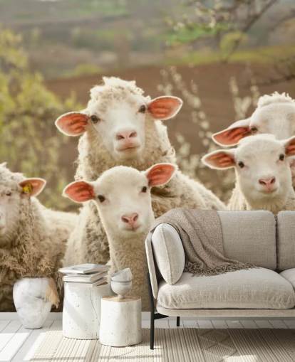 hvide og grønne får tapetmaleri kaldet Sheep on Pasture til hjem og virksomheder