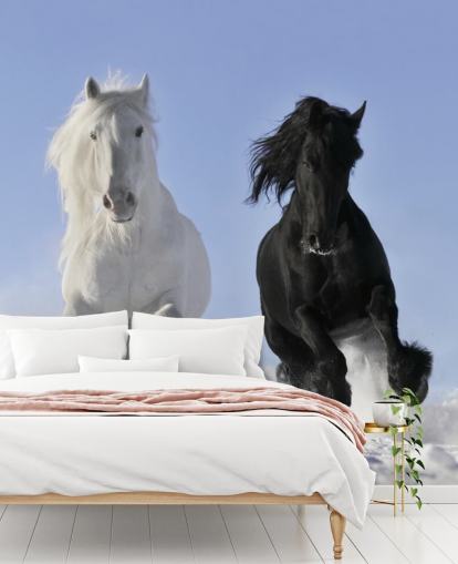 Black and White Horse Leaping over Snow Hill Mural