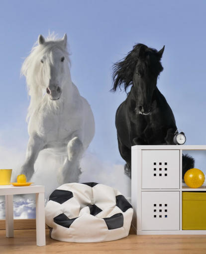 Black and White Horse Leaping over Snow Hill Mural Black and White Horse Leaping over Snow Hill Mural