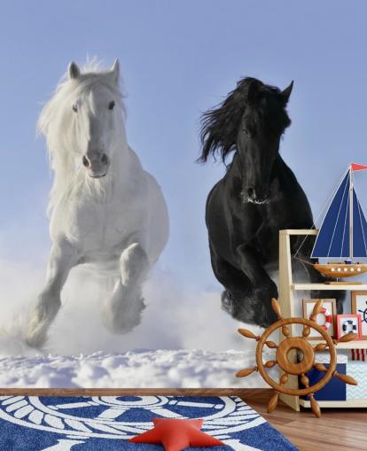 Black and White Horse Leaping over Snow Hill Mural