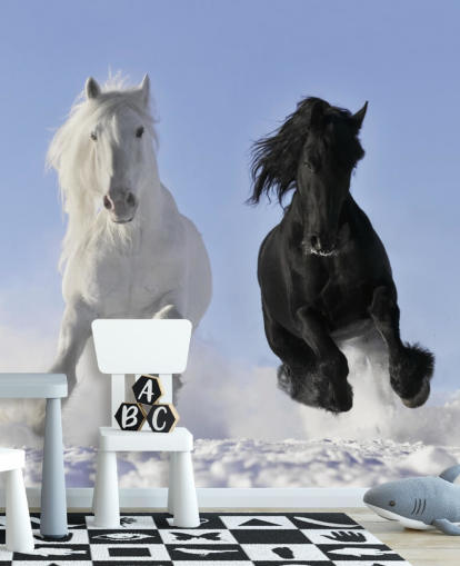 Black and White Horse Leaping over Snow Hill Mural