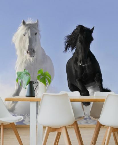 Black and White Horse Leaping over Snow Hill Mural