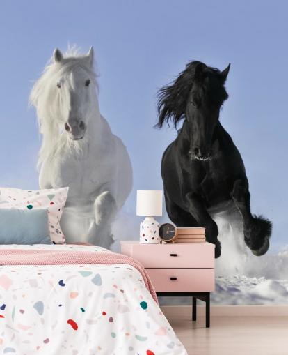 Papier Peint Fresque Cheval Noir et Blanc Sautant sur Snow Hill Papier Peint Fresque Cheval Noir et Blanc Sautant sur Snow Hill