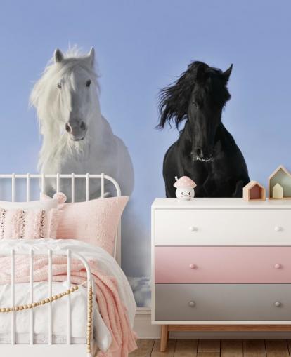 Black and White Horse Leaping over Snow Hill Mural