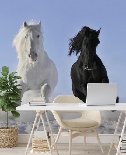 Black and White Horse Leaping over Snow Hill Mural