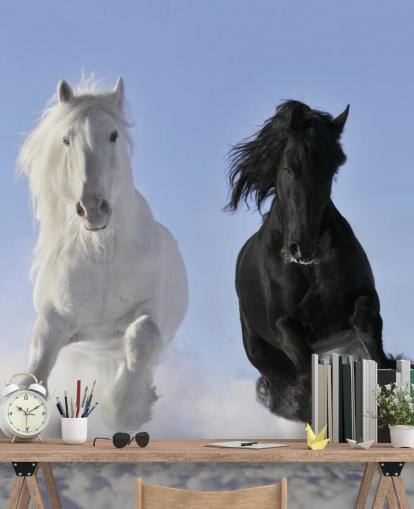 Black and White Horse Leaping over Snow Hill Mural