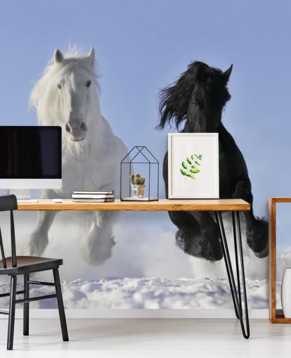 Black and White Horse Leaping over Snow Hill Mural Black and White Horse Leaping over Snow Hill Mural