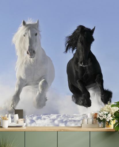 Black and White Horse Leaping over Snow Hill Mural
