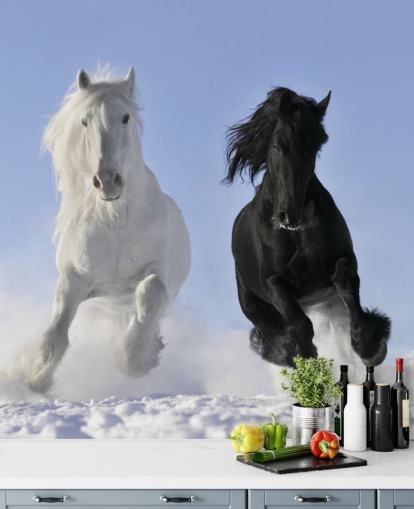 Decorazione murale con cavallo bianco e nero che salta su Snow Hill Decorazione murale con cavallo bianco e nero che salta su Snow Hill